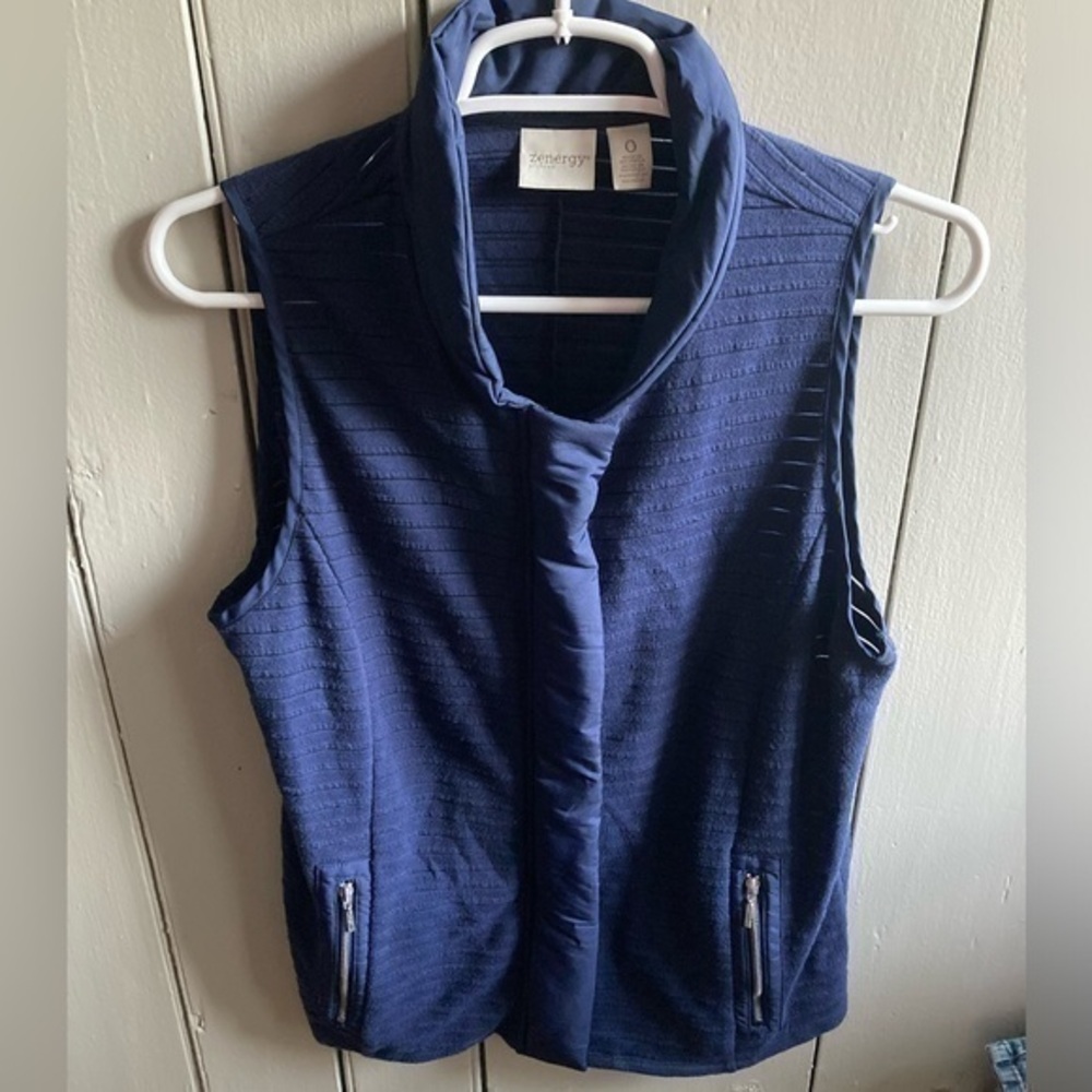 Zenergy Chicos Farrah Textured Stripe Vest Sz 0 Navy Zip Up Golf